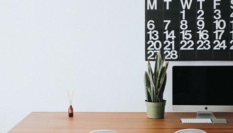 room with wall calendar, desk, plant, and computer